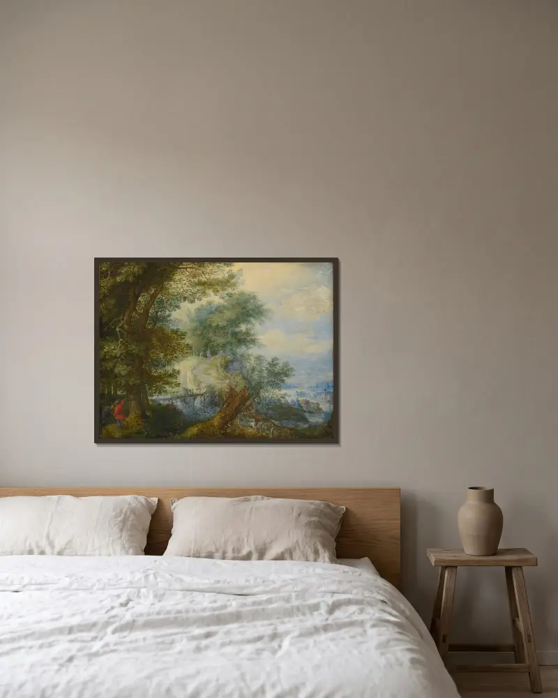 Landscape with hunters av Roelant Savery inramad på en vägg
