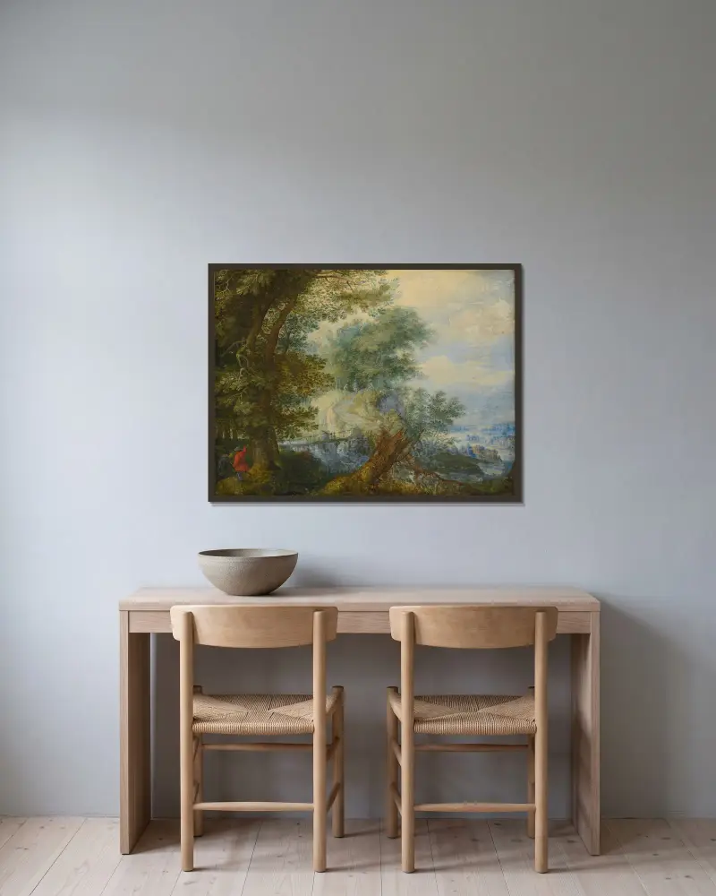 Landscape with hunters av Roelant Savery inramad på en vägg