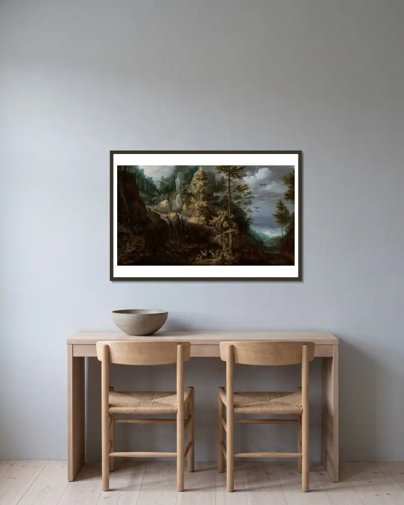 Landscape with the Temptation of Saint Anthony av Roelant Savery inramad på en vägg