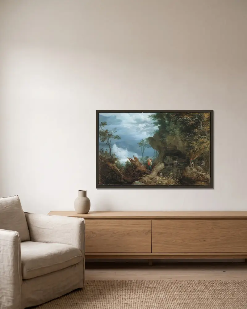Gebirgslandschaft mit einem Mineneingang von Roelant Savery gerahmt an einer Wand