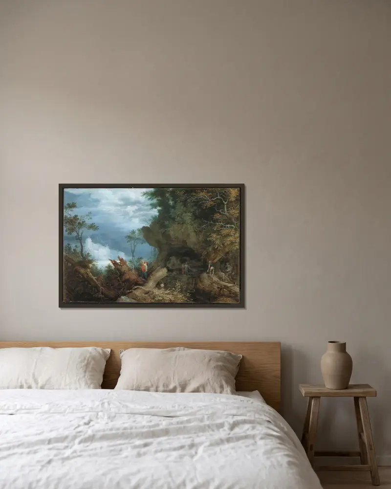 Gebirgslandschaft mit einem Mineneingang von Roelant Savery gerahmt an einer Wand