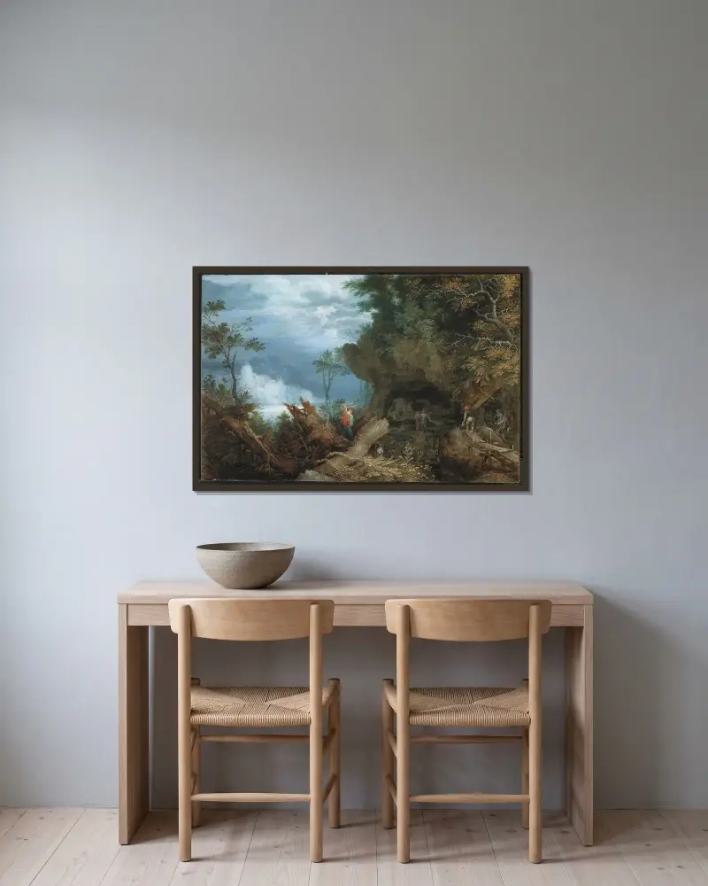 Gebirgslandschaft mit einem Mineneingang von Roelant Savery gerahmt an einer Wand