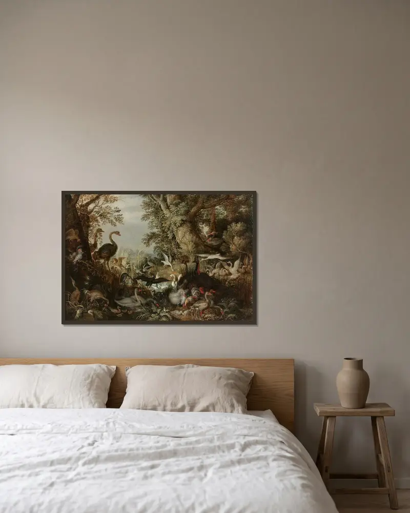 Vögel als Paar in einer Landschaft von Roelant Savery gerahmt an einer Wand