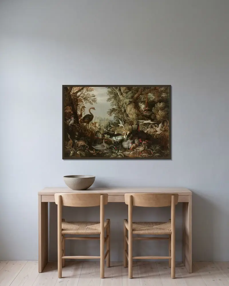 Vögel als Paar in einer Landschaft von Roelant Savery gerahmt an einer Wand