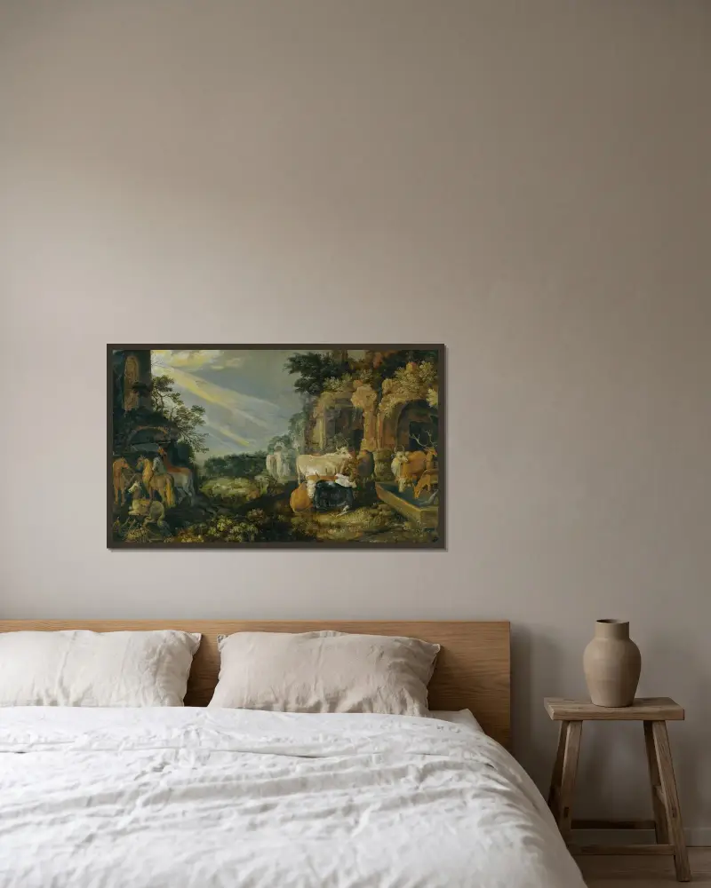 Paradiesische Landschaft mit Pferden, Kühen, Ziegen und Hirtinnen von Roelant Savery gerahmt an einer Wand