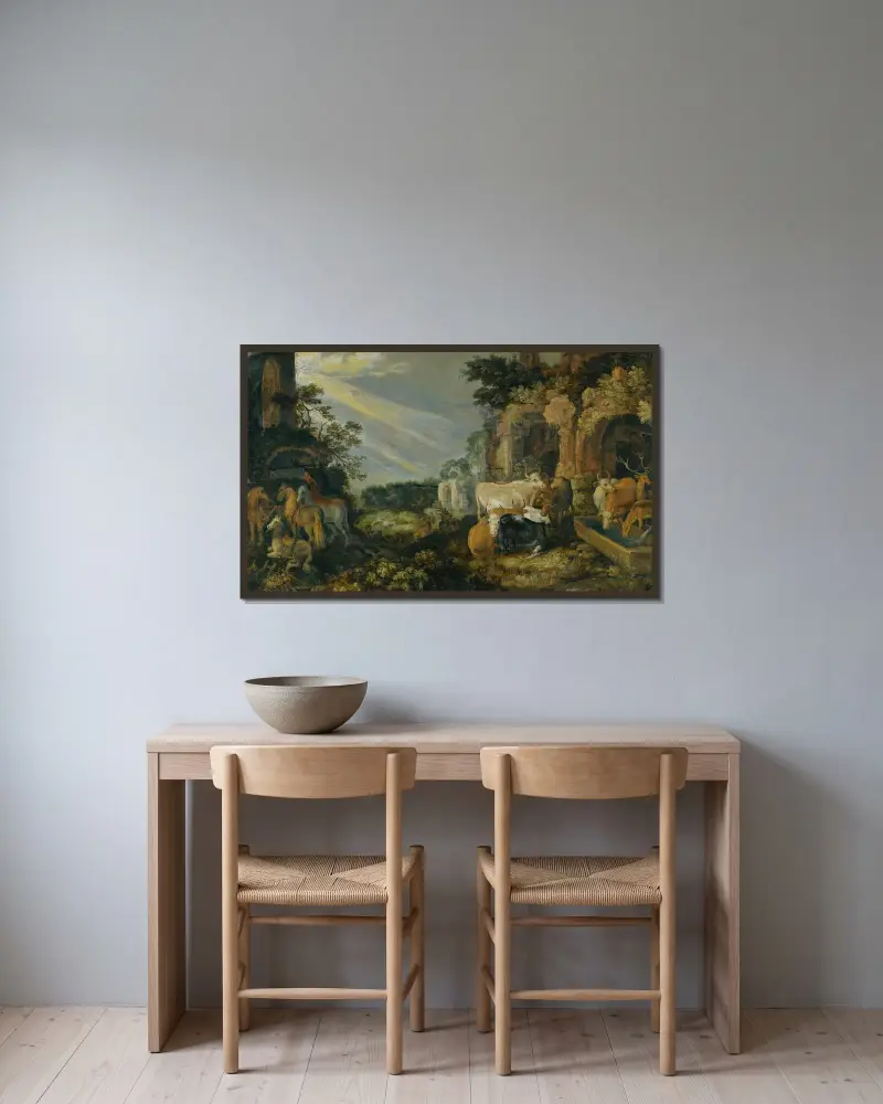 Paradiesische Landschaft mit Pferden, Kühen, Ziegen und Hirtinnen von Roelant Savery gerahmt an einer Wand