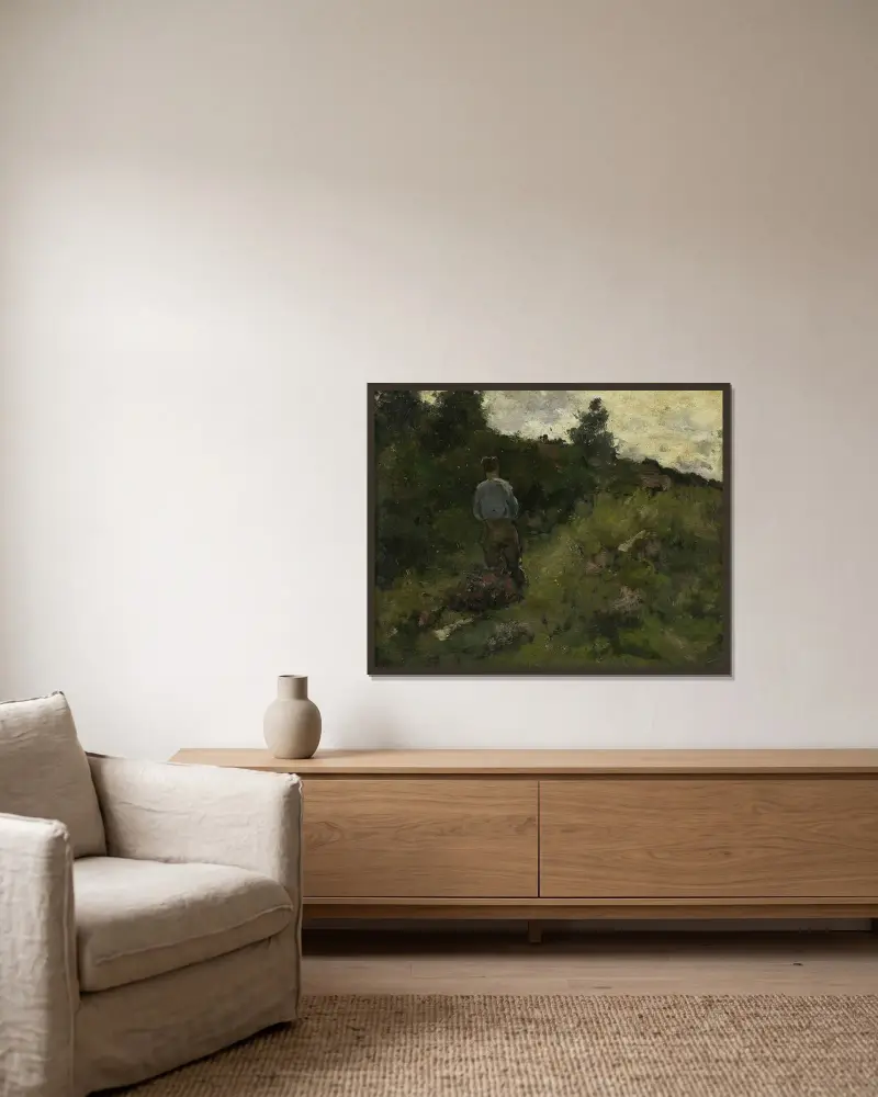 Ein Bauer, der am Waldrand entlanggeht von Richard Nicolaüs Roland Holst gerahmt an einer Wand