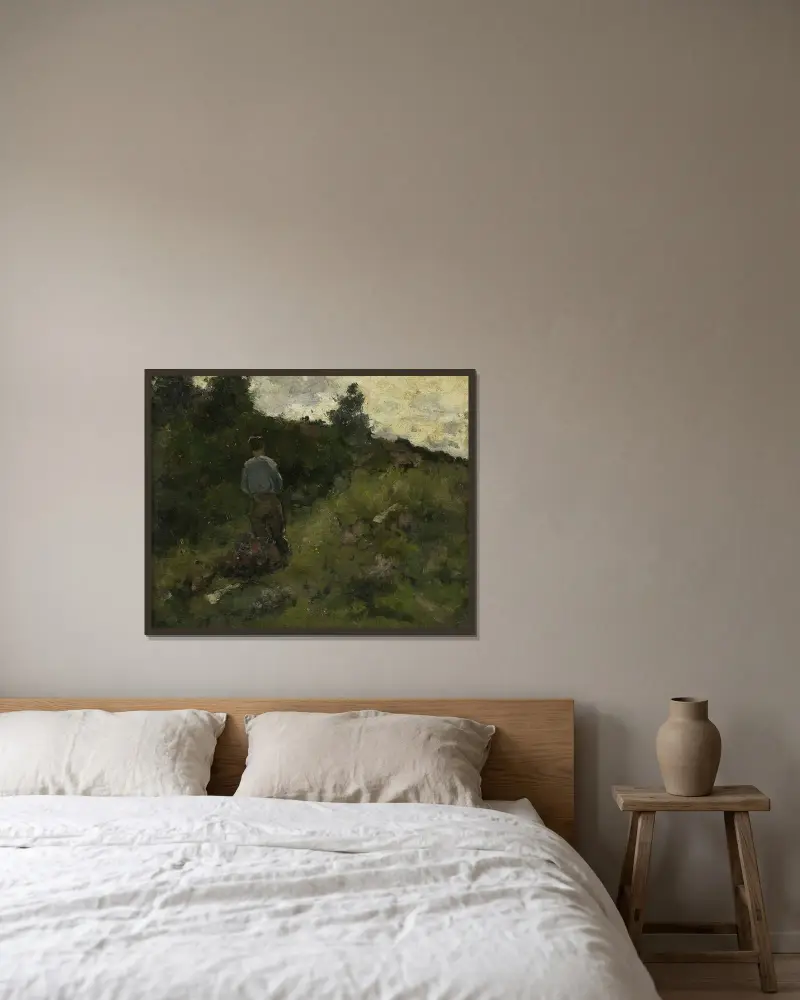 Ein Bauer, der am Waldrand entlanggeht von Richard Nicolaüs Roland Holst gerahmt an einer Wand