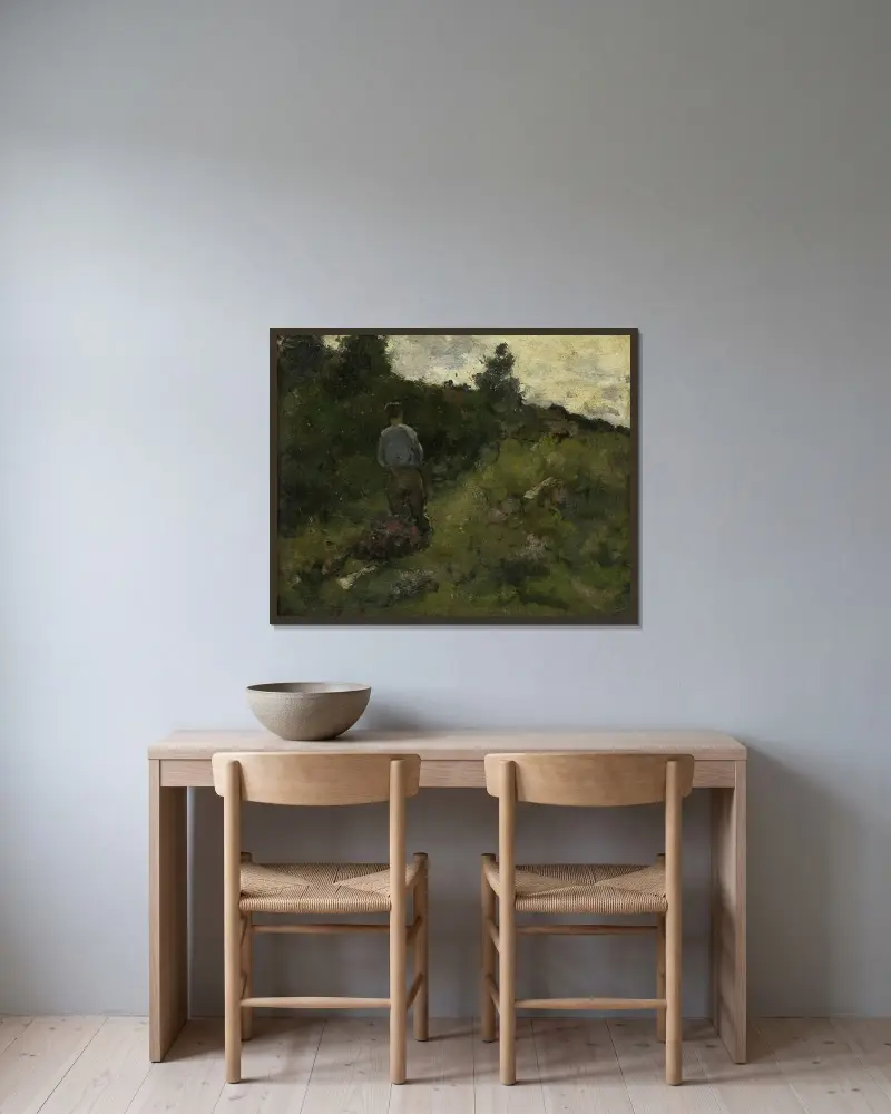 Ein Bauer, der am Waldrand entlanggeht von Richard Nicolaüs Roland Holst gerahmt an einer Wand