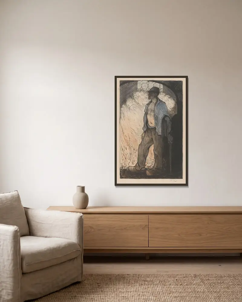 Arbetare vid en eld 2 av Richard Nicolaüs Roland Holst inramad på en vägg
