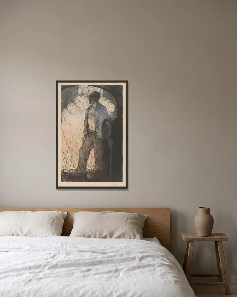Arbetare vid en eld 2 av Richard Nicolaüs Roland Holst inramad på en vägg