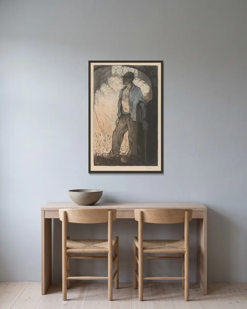 Arbetare vid en eld 2 av Richard Nicolaüs Roland Holst inramad på en vägg