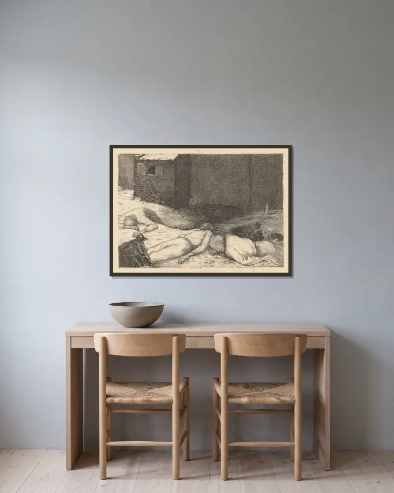 Tre liggande döda män vid en byggnad av Richard Nicolaüs Roland Holst inramad på en vägg