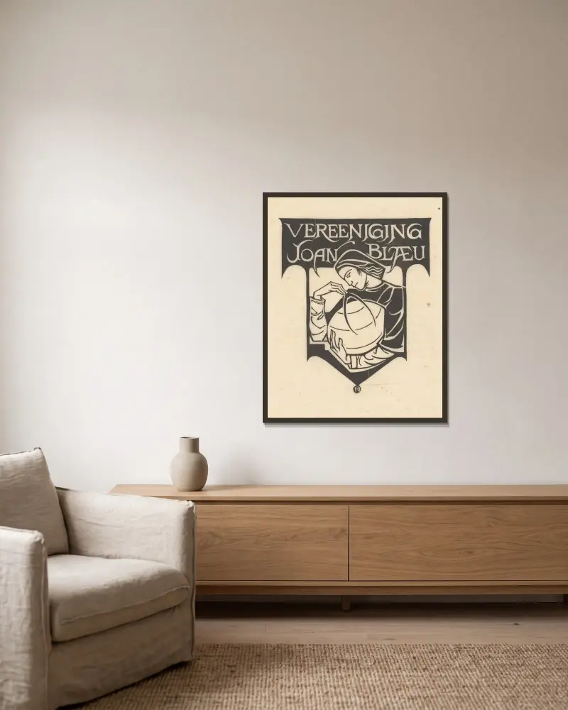 Ex libris van de Vereeniging Joan Blaeu av Richard Nicolaüs Roland Holst inramad på en vägg