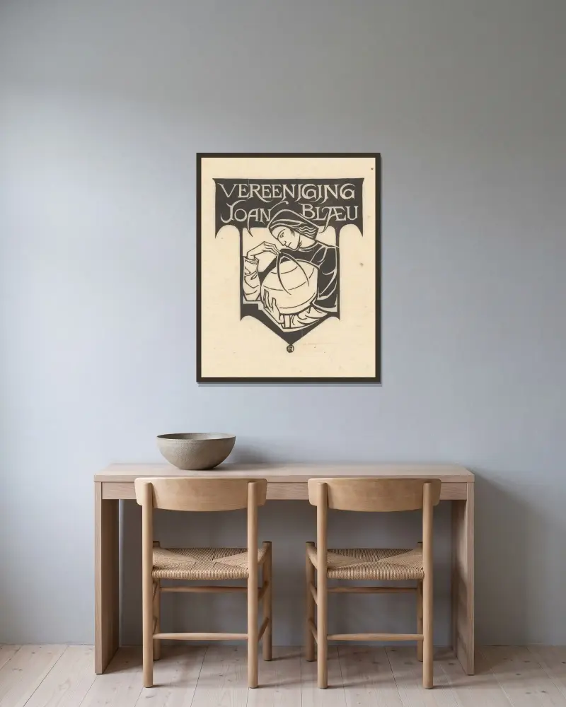 Ex libris van de Vereeniging Joan Blaeu av Richard Nicolaüs Roland Holst inramad på en vägg