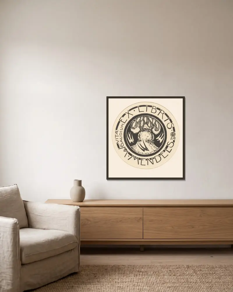 Exlibris für Maurits Mendels 3 von Richard Nicolaüs Roland Holst gerahmt an einer Wand