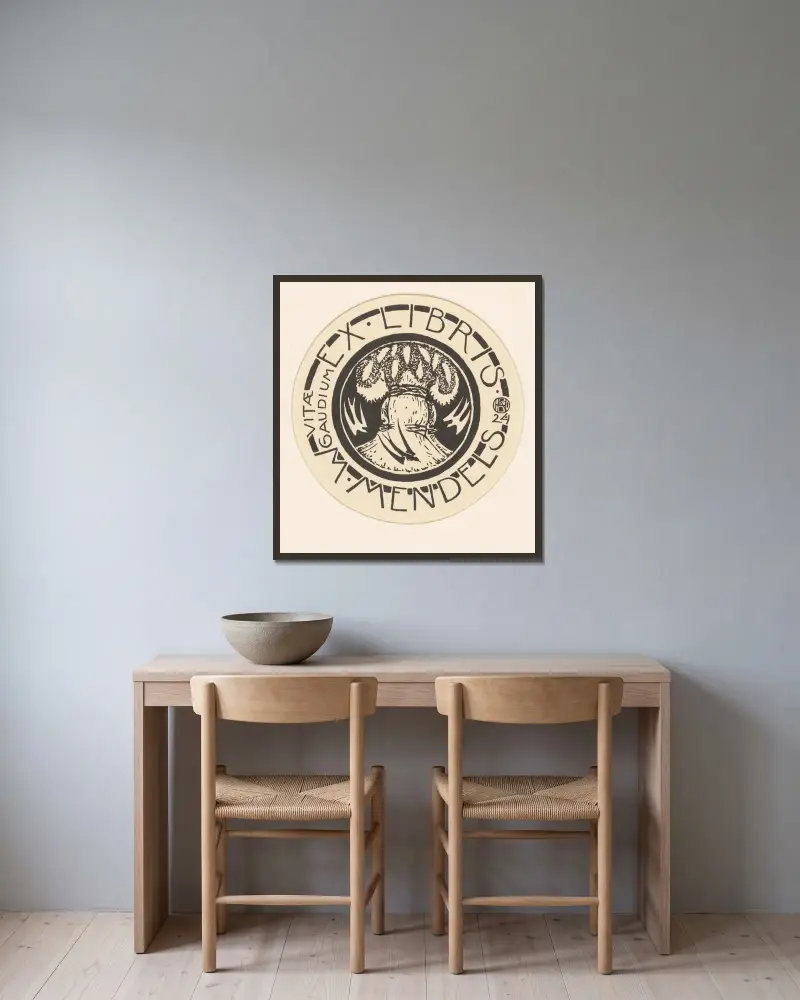 Exlibris für Maurits Mendels 3 von Richard Nicolaüs Roland Holst gerahmt an einer Wand