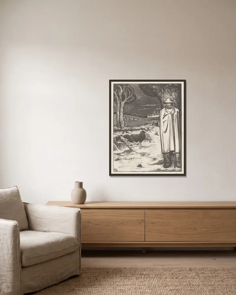Herde med fårflock i ett kuperat landskap av Richard Nicolaüs Roland Holst inramad på en vägg