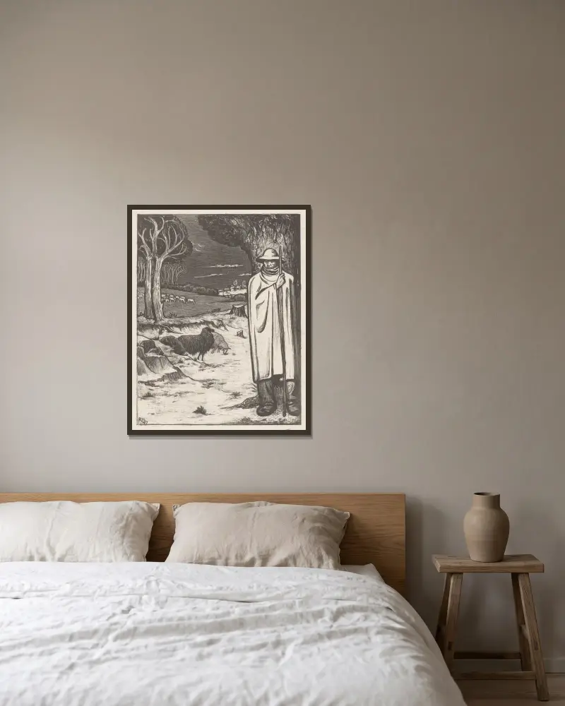Herde med fårflock i ett kuperat landskap av Richard Nicolaüs Roland Holst inramad på en vägg
