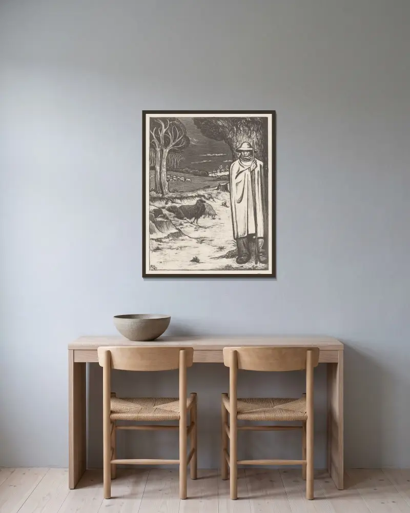 Herde med fårflock i ett kuperat landskap av Richard Nicolaüs Roland Holst inramad på en vägg