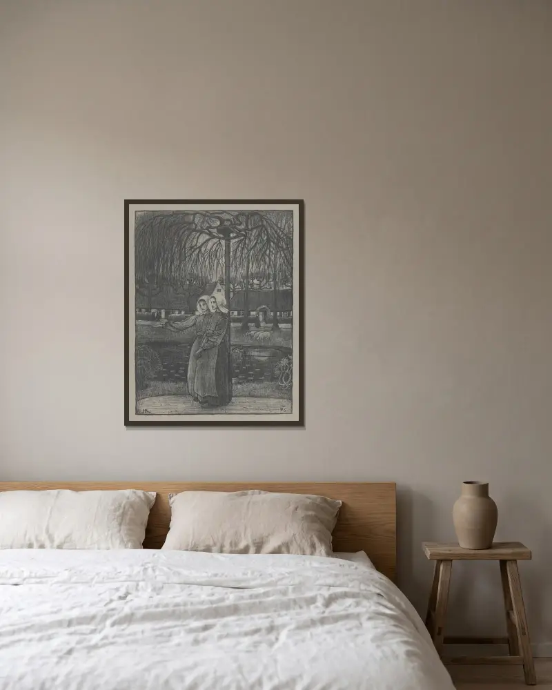 Huizer flickor vid en damm av Richard Nicolaüs Roland Holst inramad på en vägg