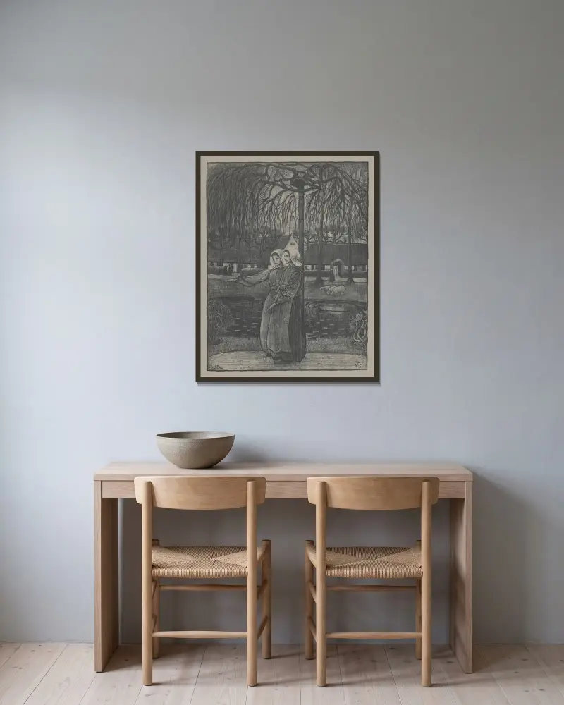 Huizer flickor vid en damm av Richard Nicolaüs Roland Holst inramad på en vägg