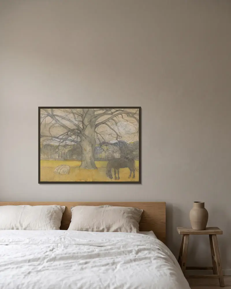 Kahle Buche auf einer Weide mit Schafen und einem Pferd von Richard Nicolaüs Roland Holst gerahmt an einer Wand
