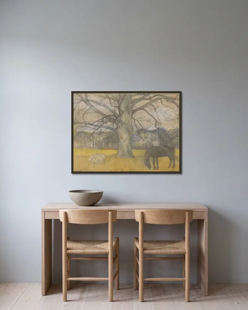 Kahle Buche auf einer Weide mit Schafen und einem Pferd von Richard Nicolaüs Roland Holst gerahmt an einer Wand