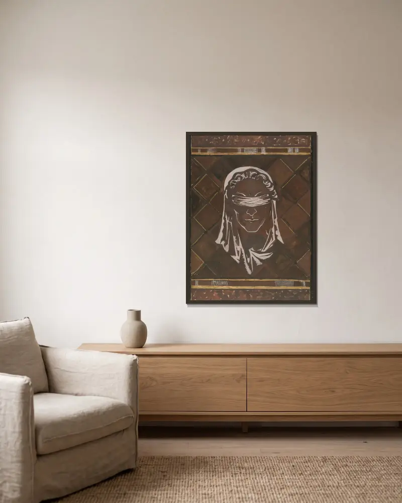 Kop van de geblinddoekte Justitia; ontwerp voor figuur van de marmerdecoratie in de Hoge Raad te Den Haag av Richard Nicolaüs Roland Holst inramad på en vägg