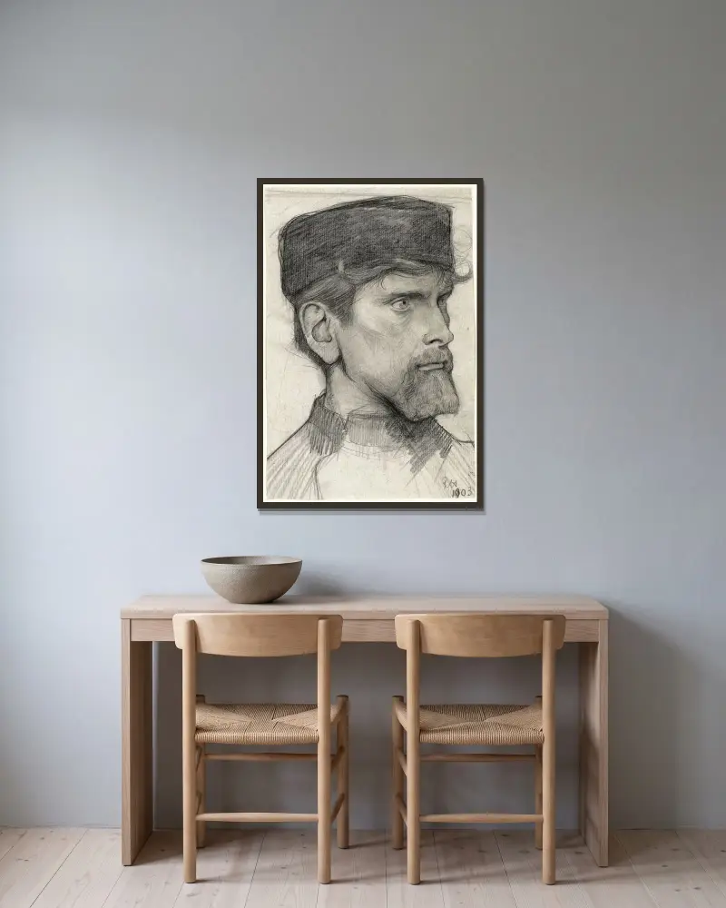Kopia av en man med mössa av Richard Nicolaüs Roland Holst inramad på en vägg