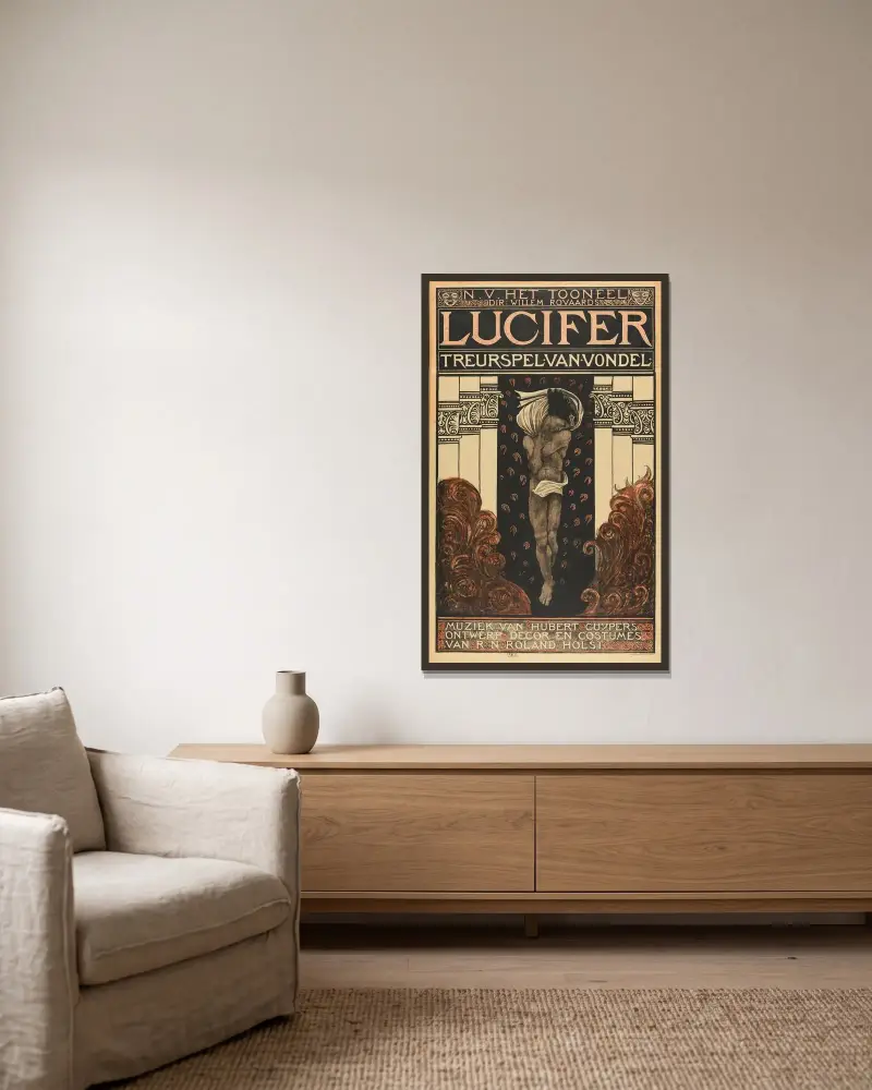 Lucifer Treurspel van Vondel. N.V.Het Tooneel dir; Willem Royaards, Muziek van Hubert Cuypers, Ontwerp Decor en Costumes van R N Roland_ av Richard Nicolaüs Roland Holst inramad på en vägg