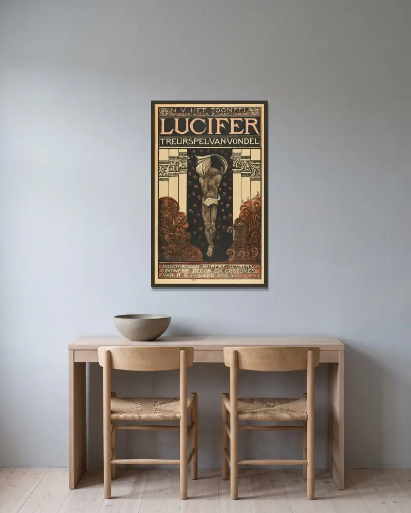 Lucifer Treurspel van Vondel. N.V.Het Tooneel dir; Willem Royaards, Muziek van Hubert Cuypers, Ontwerp Decor en Costumes van R N Roland_ av Richard Nicolaüs Roland Holst inramad på en vägg