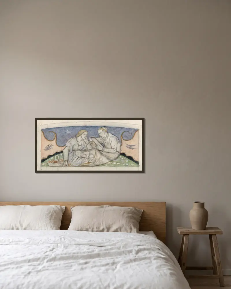 Man, kvinna och barn sittande i ett landskap av Richard Nicolaüs Roland Holst inramad på en vägg