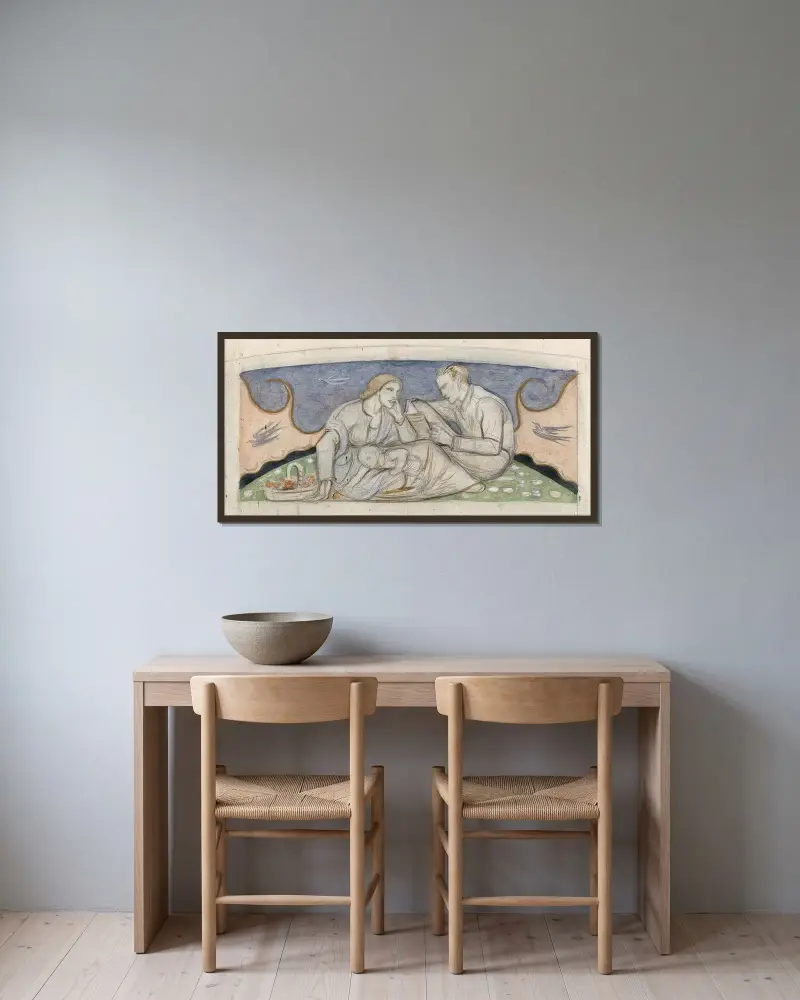 Man, kvinna och barn sittande i ett landskap av Richard Nicolaüs Roland Holst inramad på en vägg