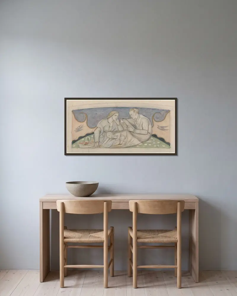 Man, kvinna och barn sittande i ett landskap av Richard Nicolaüs Roland Holst inramad på en vägg