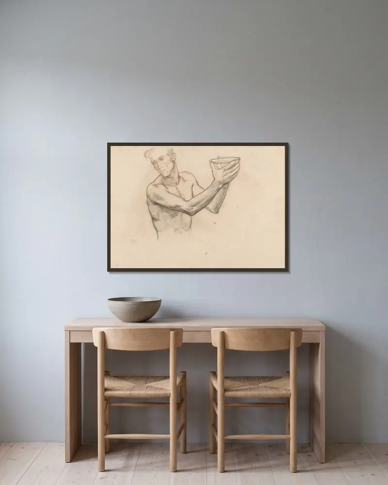 Manlig nakenstudie med skål, halvfigur av Richard Nicolaüs Roland Holst inramad på en vägg