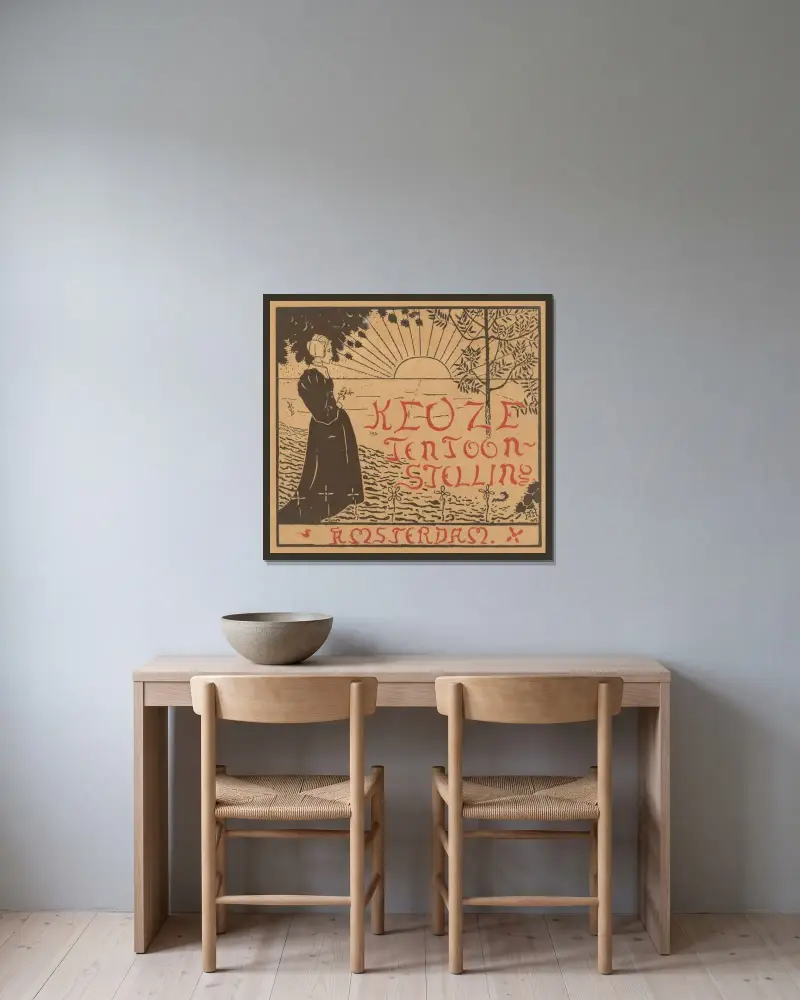 Umschlagentwurf für den Katalog der Auswahlausstellung zeitgenössischer niederländischer Kunst von Richard Nicolaüs Roland Holst gerahmt an einer Wand