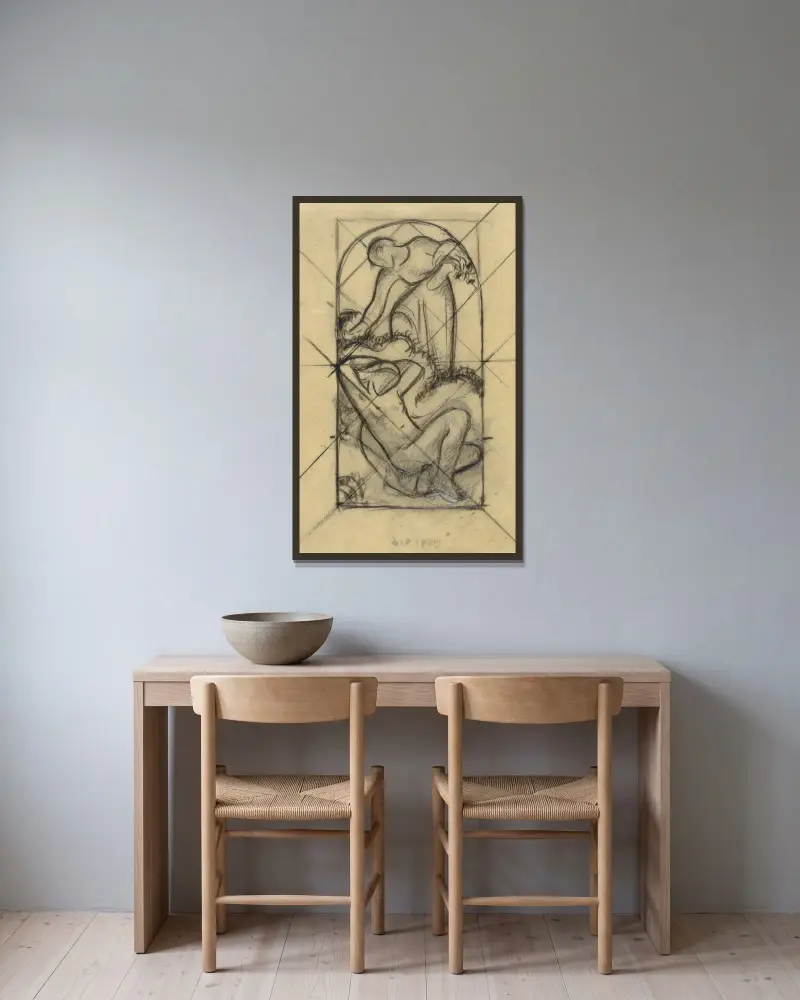 Ontwerp met geklede en naakte vrouw av Richard Nicolaüs Roland Holst inramad på en vägg