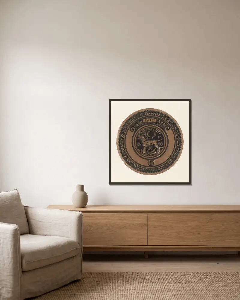 Design för ex libris till W.C.Th. van der Schalk av Richard Nicolaüs Roland Holst inramad på en vägg