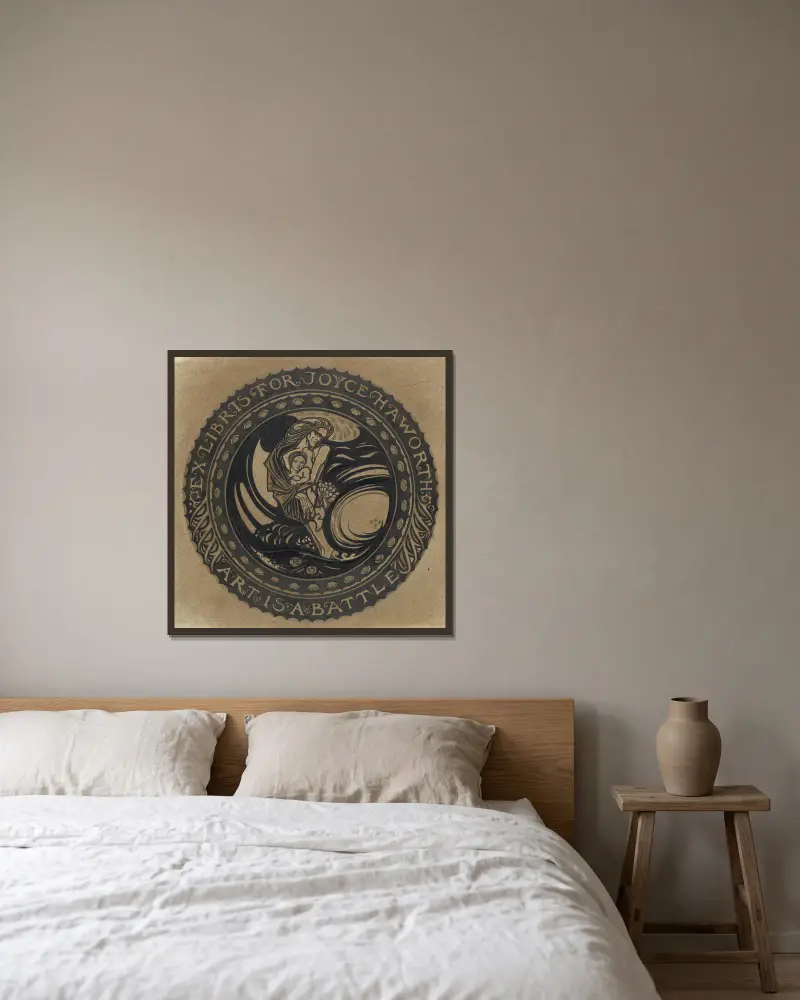 Ontwerp voor ex libris voor Joyce Haworth av Richard Nicolaüs Roland Holst inramad på en vägg