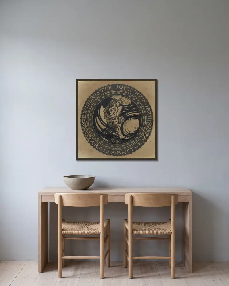 Ontwerp voor ex libris voor Joyce Haworth av Richard Nicolaüs Roland Holst inramad på en vägg