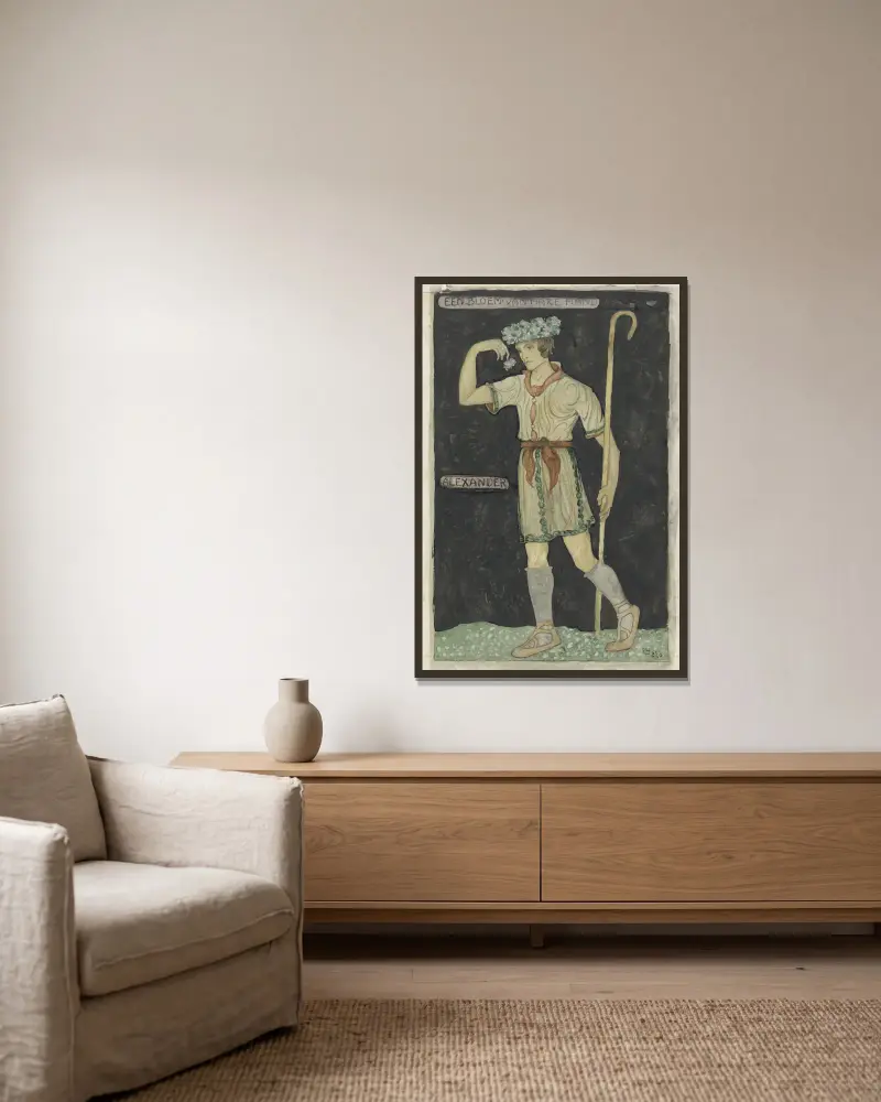 Ontwerp voor kostuum voor Alexander av Richard Nicolaüs Roland Holst inramad på en vägg