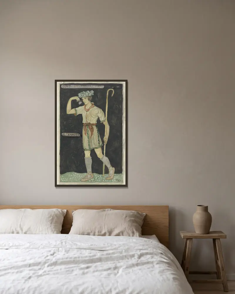 Ontwerp voor kostuum voor Alexander av Richard Nicolaüs Roland Holst inramad på en vägg