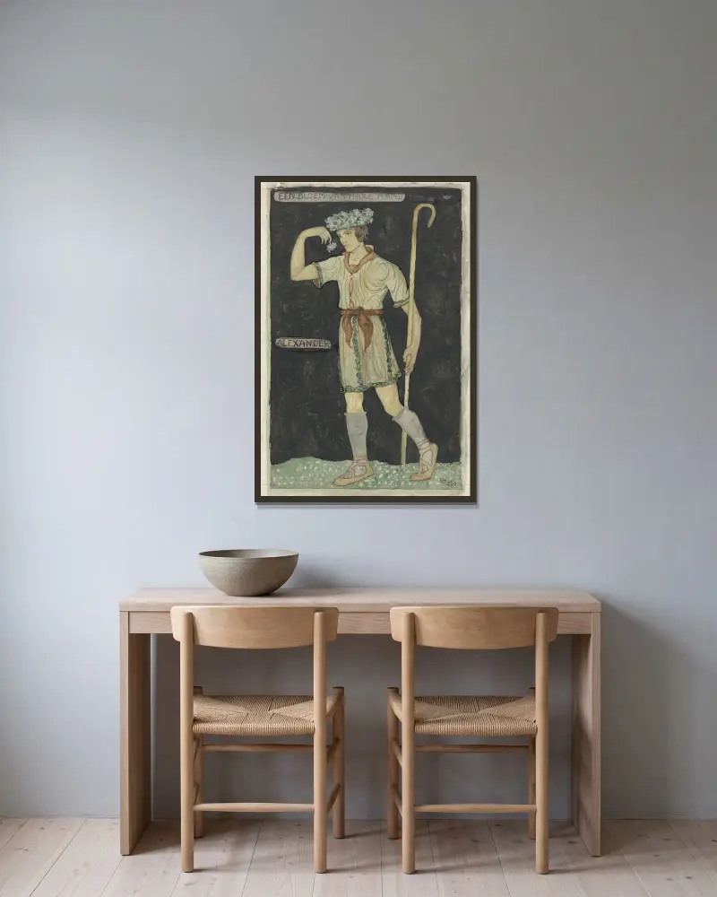 Ontwerp voor kostuum voor Alexander av Richard Nicolaüs Roland Holst inramad på en vägg