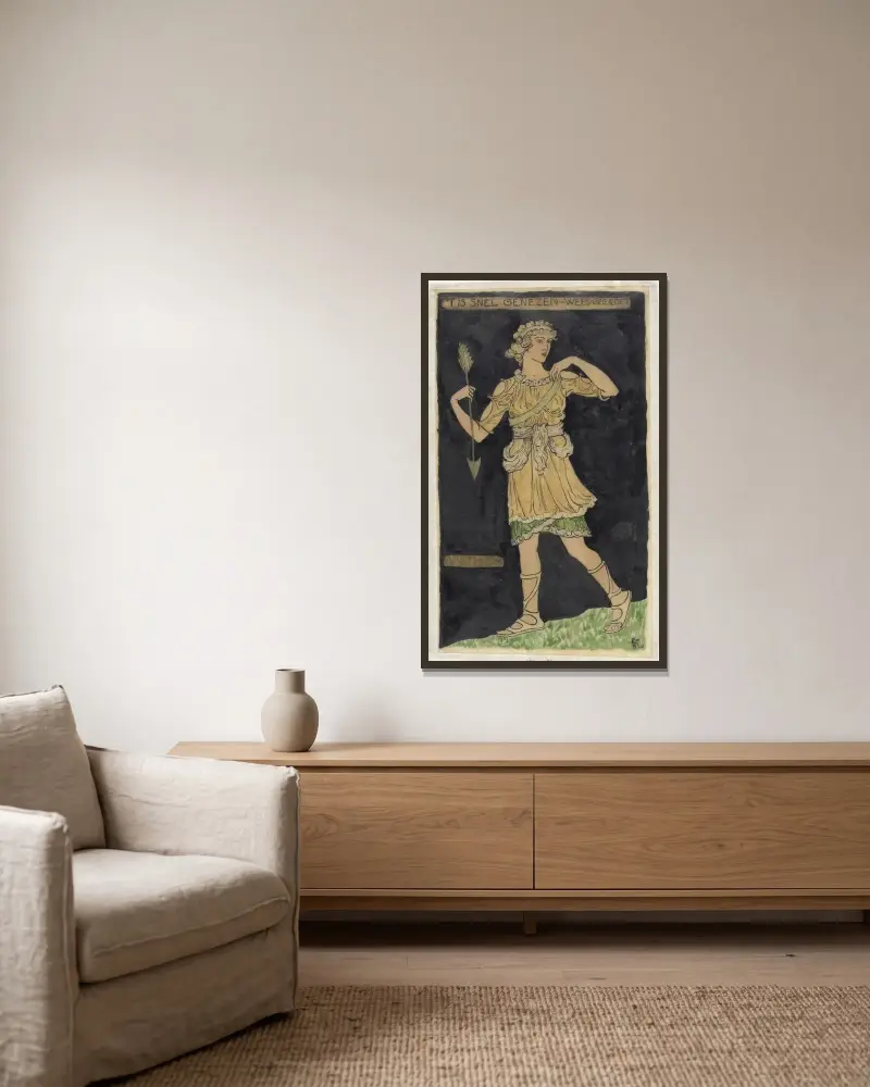 Design för kostym för Arethusa av Richard Nicolaüs Roland Holst inramad på en vägg