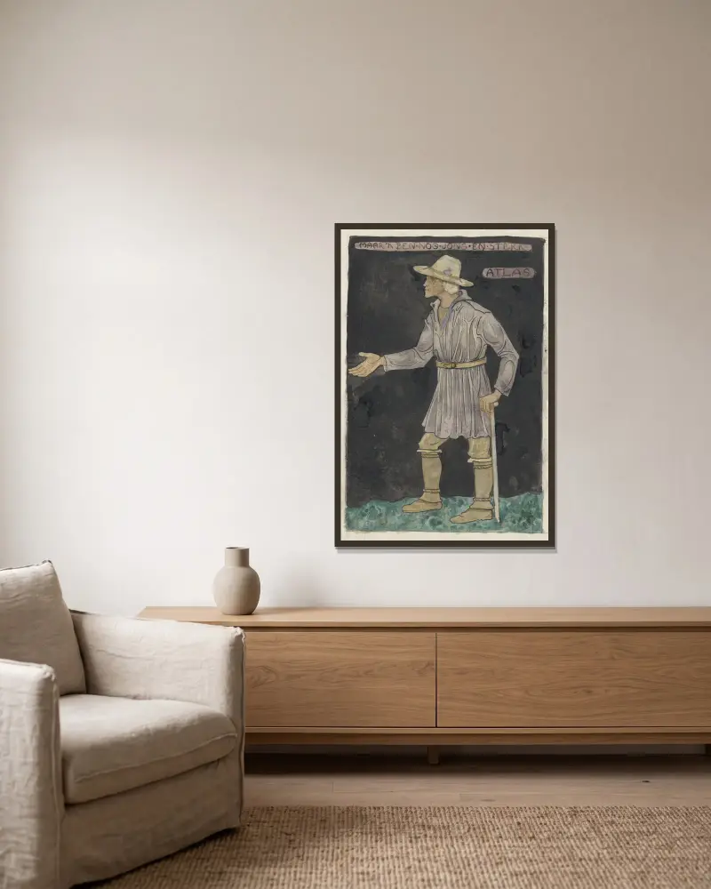 Ontwerp voor kostuum voor Atlas av Richard Nicolaüs Roland Holst inramad på en vägg