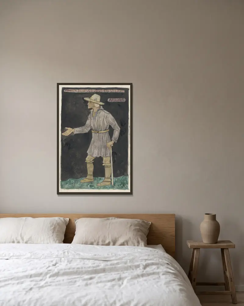 Ontwerp voor kostuum voor Atlas av Richard Nicolaüs Roland Holst inramad på en vägg