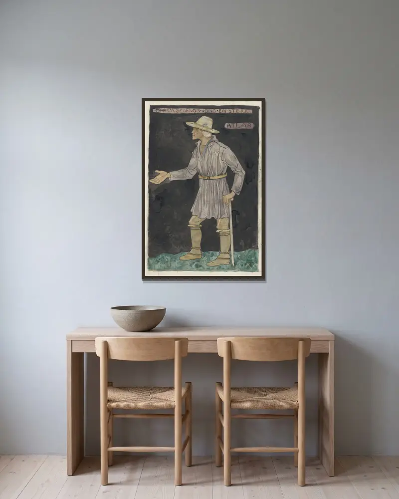 Ontwerp voor kostuum voor Atlas av Richard Nicolaüs Roland Holst inramad på en vägg