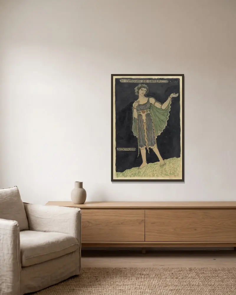 Ontwerp voor kostuum voor Boschnymph av Richard Nicolaüs Roland Holst inramad på en vägg