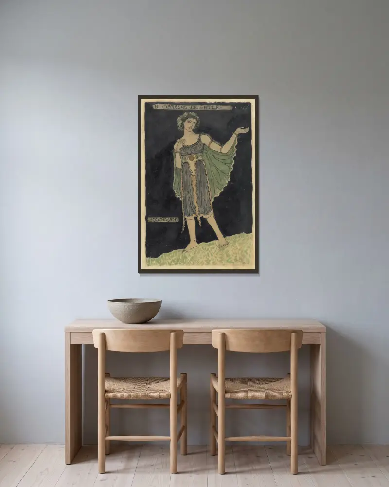 Ontwerp voor kostuum voor Boschnymph av Richard Nicolaüs Roland Holst inramad på en vägg